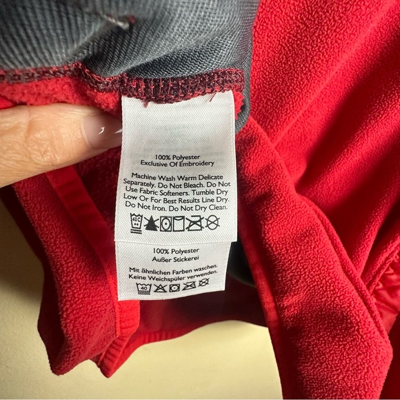Eddie Bauer Mens Quarter Snap Button Red Fleece Pullover Logo Spell Out Medium - Picture 9 of 15